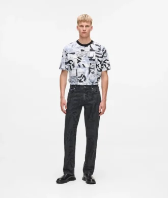 Düz kesim, tüm yüzeyi monogram desenli kot pantolon Düz kesim, tüm yüzeyi monogram desenli kot pantolon