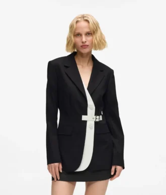 Kemerli kontrast yakalı blazer