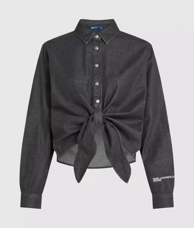 Önden bağcıklı denim gömlek Önden bağcıklı denim gömlek