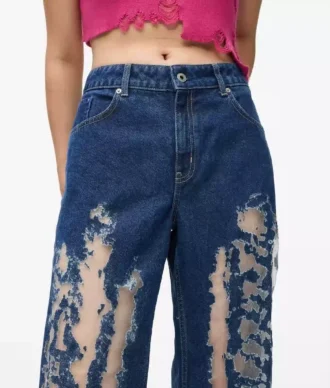 Yıpranmış orta bel rahat kot pantolon
