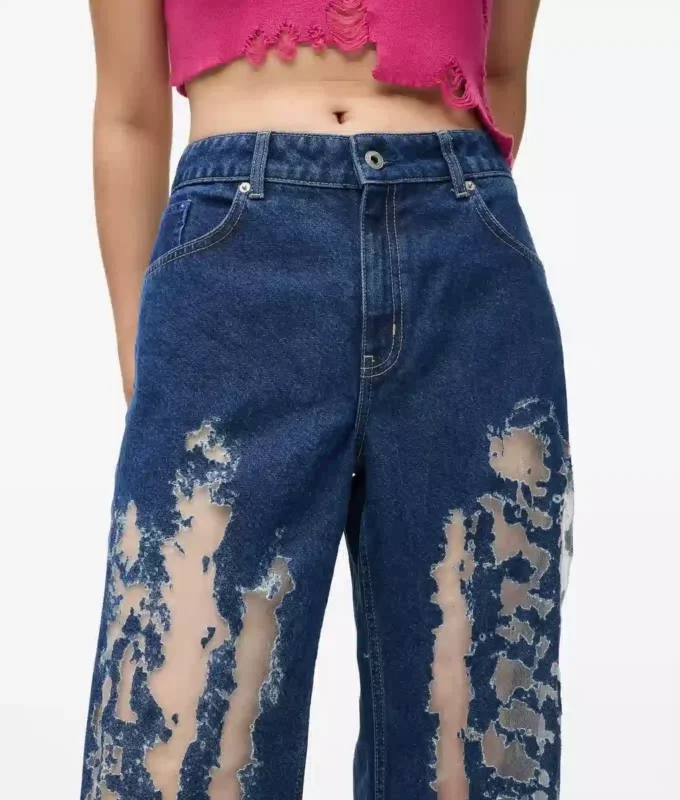 Yıpranmış orta bel rahat kot pantolon Yıpranmış orta bel rahat kot pantolon
